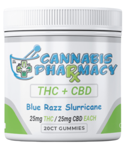 Cannabis Pharmacy 1:1 Delta-9 THC Gummies | 25mg THC & 25mg CBD - Blue Razz Slurricane - 20ct